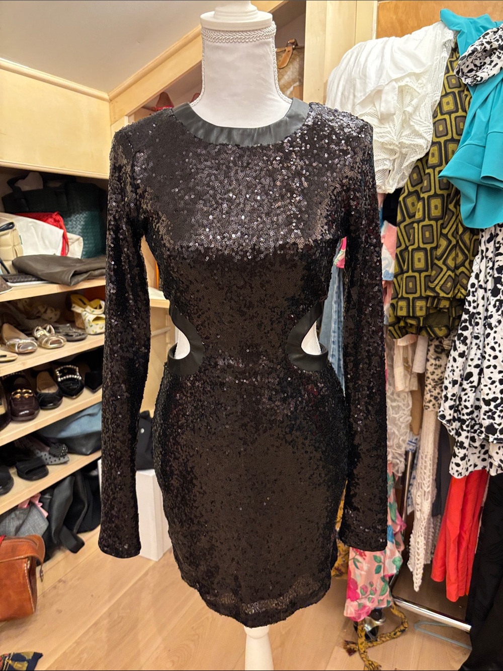 STAID stunning Black Sequin Long-Sleeve Cutout Mini Dress